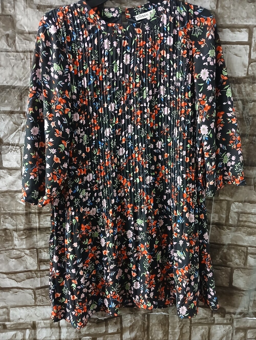 Floral Pleated Black Midi Dress with Orange & Pink Blooms